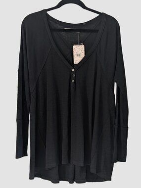 Free People We The Free Citrine Thermal Black Henley Top M Oversized NWT
